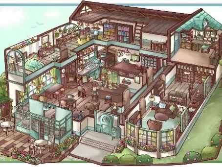 2.5D 剖面插画，一栋多层小楼的内部。